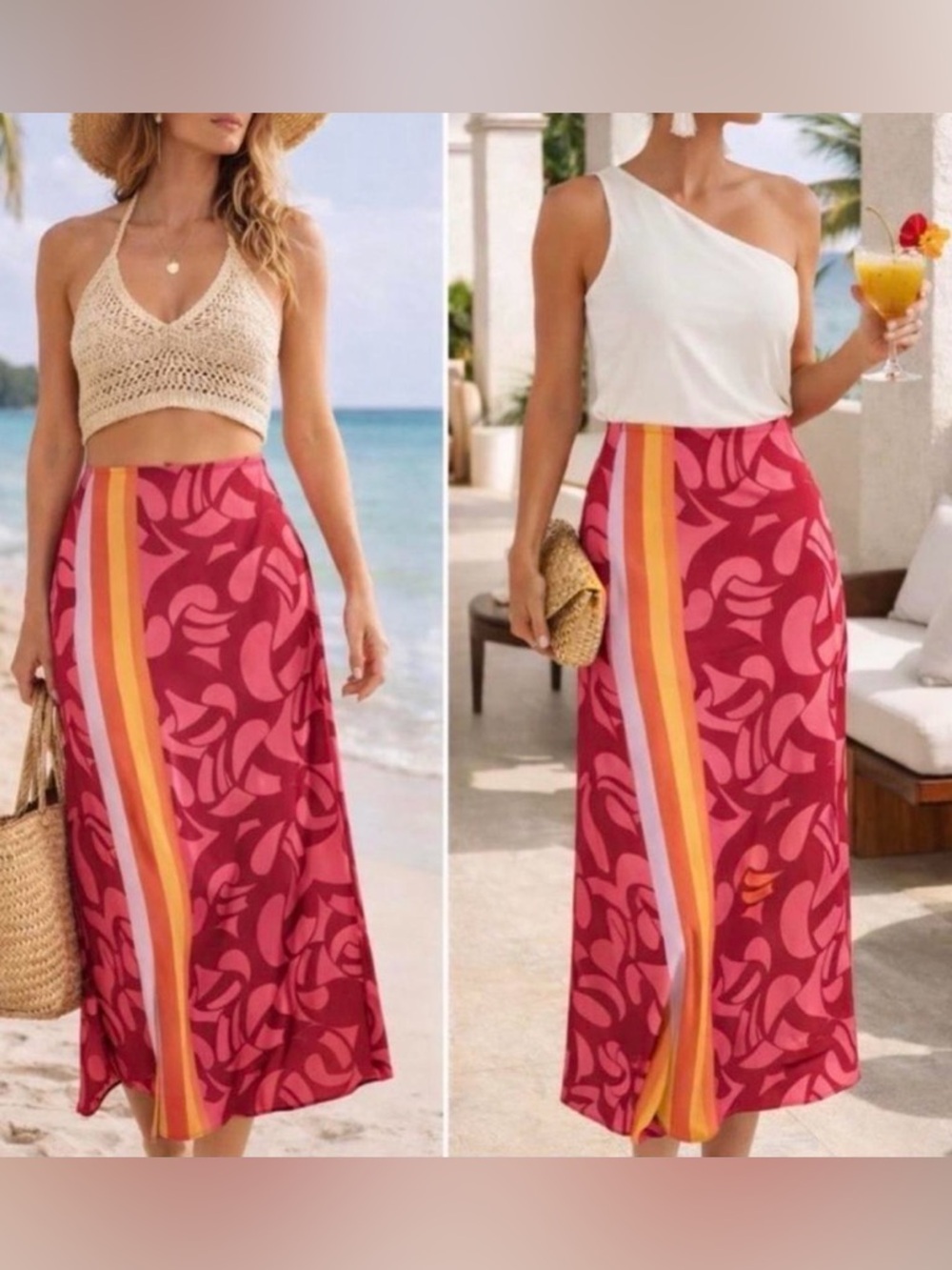 Farm Rio A-Line Contrasting Slip Midi Skirt, Size L
